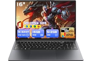 UPBUD Ordenador portátil 16" Gamer-Core i5-8210Y (hasta 3,6 GHz), 16 GB RAM,512GB SSD,Window 11 Pro,MS Office 365 incluidos,Pantalla FHD 1920x1200 16:10,Teclado retroiluminado,Wi-FI.BT5.0,USB-A,HDMI,RJ45