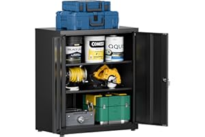 ‎LVSTEEL LVSTEEL Aktenschrank, abschließbarer Mehrzweckschrank mit 2 höhenverstellbaren Einlegeböden, Stahl-Büroschrank mit 2 Türen, Schwarz, 91.5×80×40 cm