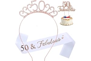 LEIXI 50 & Fabulous Sash & Rhinestone Tiara Cake Topper Set, Great Birthday Gifts,Rose Gold Birthday Sash/Tiara for Women's 50th Birthday Party Decoration (Rose Gold 50th)