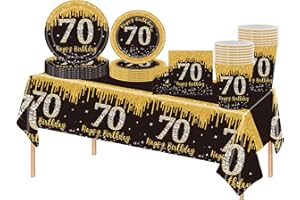COSORO 69pcs Black Gold 70th Birthday Decorations,Happy 70th Birthday Tablecloth,Paper Plates,Napkins Serviettes and Cups Sets for 70th Birthday Table Decorations for Women,Men,Him,Her 70th Birthday Gifts