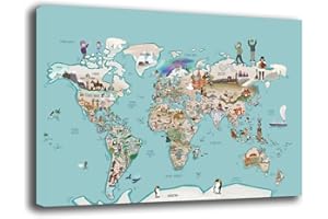 PRINTERLAND Quadri Moderni MAPPAMONDO Mappa mondo Bambini Bimbo Bimba Quadro moderno da Parete XXL grande Stampa su tela Canvas Decorazione Murale muro Camera Cameretta bimbi (70x100 cm, Celeste)