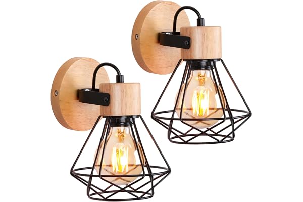 iDEGU Lot de 2 Applique Murale Industrielle, 16CM Vintage Lampe Murale Interieur en Bois Fer Rétro Design Lustre Plafonnier Réglable Luminaire E27 Éclairage Mural pour Chambre Salon Entrée (Noir)