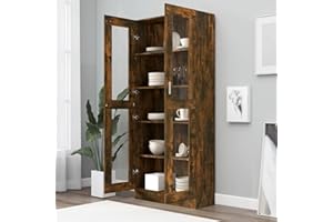 Homgoday Vitrina de Cristal, Vitrina de Salón Aparador,Aparador Cocina, Oficina Archivador, con 5 Estantes 2 Puertas de Vidrio 82,5x30,5x185,5 cm Roble Ahumado