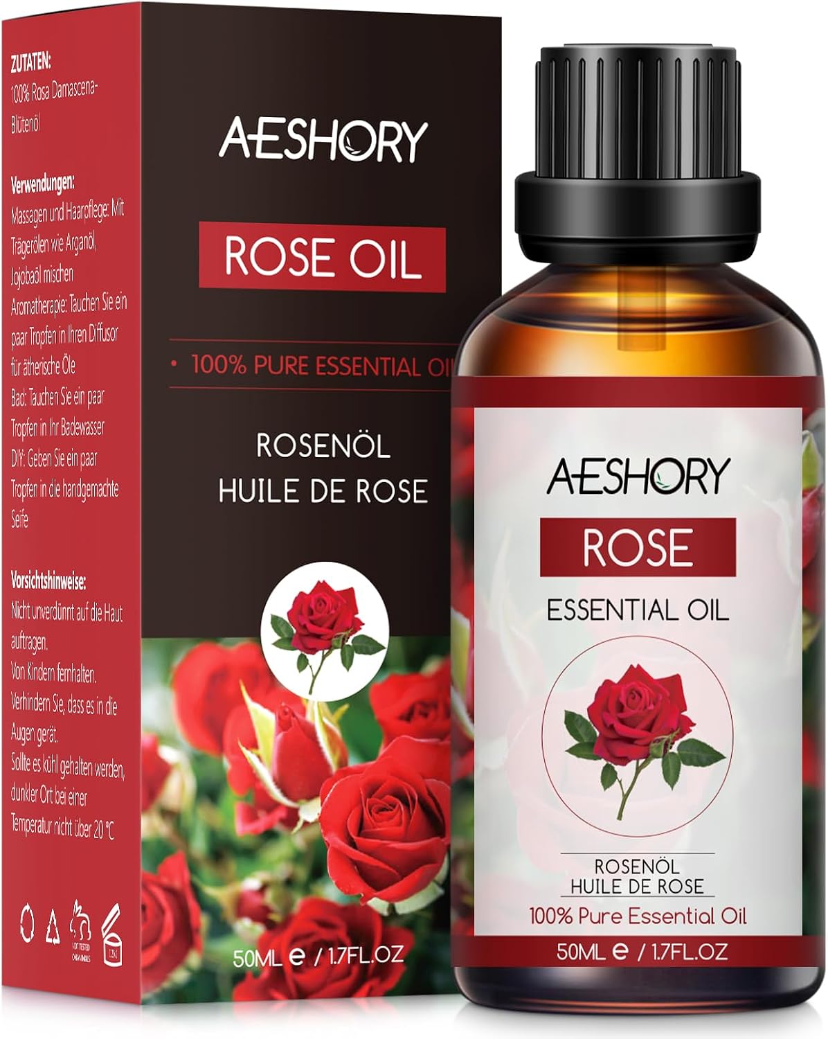 AESHORY Aceite Esencial de Rosa 50ML, Natural Aceite de Aromaterapia de Rosa, Aceites de Fragancia Premium para Humidificador, Masaje, Baño, Cuidado la Piel, Relajación y Calma