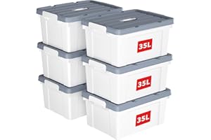 Cetomo 35L*6 Storage Boxes, Carry Plastic Storage Box with Lids, Organizing Container with Handle and Secure Latching Buckles, Stackable, Nestable, Tote Bin for Home Office Clothes, 35L-6Pack, White