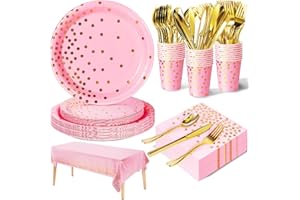 Nkaiso Party Tableware 141 Pieces Pink Gold Kids Birthday Party Plates Party Supplies Set Includes Paper Plates Napkins Cutlery for Party Decorations -20 Guests