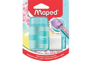 Maped Taille-Crayon Connect 2 Trous avec Gomme sans PVC + 1 Recharge Gomme Medium - Coloris Pastel Aléatoire Bleu, Violet ou Rose, 49230