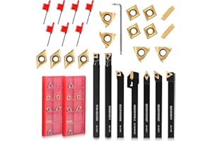 VeYocilk 21PCS Indexable Lathe Turning Tools Set 3/8"10mm Shanks,7Pcs Metal Turning Tool Holders & 14Pcs Carbide Inserts for Turning,Grooving,Threading,Boring bar,and Cutting Tool