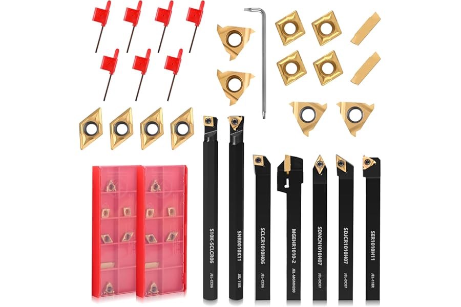 VeYocilk 21PCS Indexable Lathe Turning Tools Set 3/8"10mm Shanks,7Pcs Metal Turning Tool Holders & 14Pcs Carbide Inserts for Turning,Grooving,Threading,Boring bar,and Cutting Tool