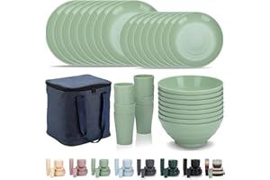 Evanda Plastic Dinnerware Sets 32 Piece Service for 8 with a Portable Oragnizer Bag, Reusable Plates and Bowls Sets Include Cups, Bowls, Dishes for Home, Camping, Picnic, Outdoor (Light Green)