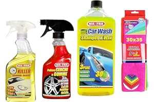 Ma-Fra Kit Trattamento Auto Interno ED Esterno. Killer RIMUOVE Insetti- pulitore CERCHI & GOMME- CAR WASH SHAMPOO E CERA, INSIEME 7 PANNI MICROFIBRA MULTIUSO 30x35 cm