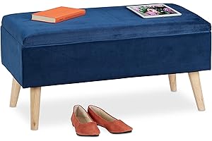 Relaxdays Panca Contenitore, 40x41x80 cm, 40L, Seduta Imbottita, Gambe in Legno, Pouf Cassapanca, 2 Posti, Blu Scuro