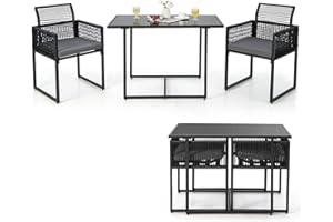 COSTWAY Terrassen-Möbel-Set, 3-teilig, aus PE-Rattan, mit klappbarer Rückenlehne, Belastung 150 kg, Gartenmöbel, mit Kissen, Tischplatte aus Hartglas, für Garten am Pool