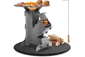 Eulenke Forno a razzo con piastra e gancio del fuoco, sistema a incastro Rocket Stove in acciaio spesso 3 mm, stufa a razzo per esterni, stufa a legna da campeggio per barbecue e terrazze