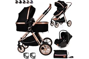 LIBREBON Baby Pram Pushchair Buggy Stroller 3 in 1 Child Lightweight Folding Stroller 3 in 1 Travel System Pram for Newborns Toddlers from Birth Aluminum (Black - Rose Gold Frame)