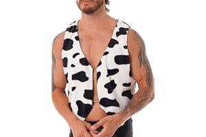 RUNQHUI Men's Cow Print Vest Sleeveless Open Front Cardigan Hippie Costume Flannel Waistcoat Tops