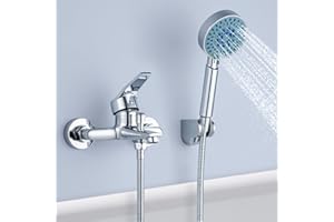 Grifo Ducha, Auralum Grifo Bañera con 5 Funciones Ducha de Mano, Grifo Monomando Ducha con 150 cm Manguera de Ducha, Set de Ducha Cromado de Latón Montaje en Pared