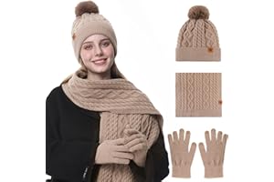 Oneshlee Mütze, Schal & Handschuh-Sets Für Damen 3 In 1, Stricmütze Mit Bommel Damen, Flauschige Und Warme Touchscreen Handschuhe, Strickschal Strickhandschuhe Beanie Wintermütze Wärmer Pudelmütze