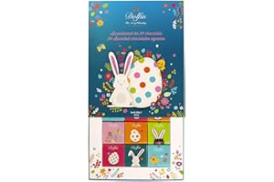 Dolfin 24 Carrés de Chocolat « Lapin de Pâques » - 6 Parfums - Lait 37% Cacao, Café au Lait, Noir 70%, Orange/Noir, Nougatine/Noir & Nougatine au Lait - Cadeaux Pâques - Fait en Belgique