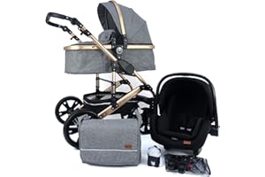 Pixini Passeggino Trio California, 3 in 1 Carrozzina Ovetto Pieghevole, Accessori, Bambini (Oro/Grigio)