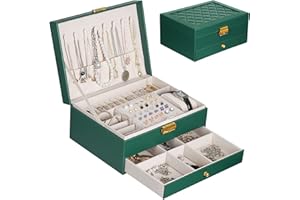 YOCOLE Joyeros Mujer Organizador, 2 Niveles Caja Joyero Organizador Joyas Cuero PU, Grande Joyero Viaje Cajones Niña para Anillos, Pendientes, Collares, Relojes, con Cerradura y Llave, Verde