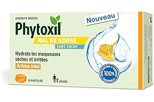 Phytoxil Pastilles mal de gorge sans sucre – Arôme Miel – Dispositif médical - Hydrate les muqueuses sèches et irritées et favorise leur régénération – Format 16 pastilles - A partir de 6 ans