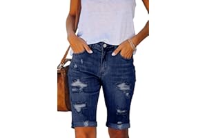 Necooer Damen Casual Ripped Denim Shorts Mittlere Taille Cropped Jeanshose mit Taschen