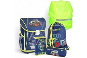 Fun Unlimited Traktor Tractor Power Schulranzen Set 5 teilig - Spirit Cool mit Schuh-/Sportbeutel , Schlamper, Gummizugmappe A4 und Regenschutz, Blau Grün, ca.23/34/42 cm, TTS408868