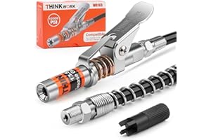 THINKWORK Grease Gun Coupler, Strong Lock on Greases Gun Couplers with 12" Spring Flex Hose, Cleaning Tool, 12000 PSI Quick Release Grease Coupler Compatible with All Grease Guns 1/8" NPT Grease Gun Fitting