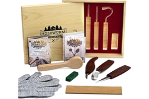 HOLZWURM Set di coltelli da intaglio in scatola di legno incl. legno grezzo, istruzioni e guanti di protezione per il taglio