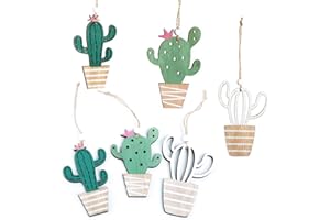 Logbuch-Verlag 6 Colgantes de Cactus decoración de Madera para Colgar con Cuerda Tipo Yute, decoración Colgante Madera, decoración Verano escaparate