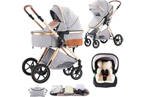 Shineey Pushchair 3-in-1, Doll's Pram Buggy Foldable Pram Set, Combination Pushchair 3-in-1 with Large Comfortable Baby Carrycot Frame Aluminium Alloy (H2 Grey, H2)