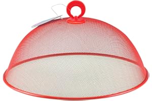 GK GLOBAL KITCHEN Round Metal Mesh Food Cover Dome 30cm Coloured Mesh Food Protector Dome with Handle, Cake Fruit Cover, Dome Mesh Splatter Guard, Ideal for Protecting Food Inside & Outside (Red)