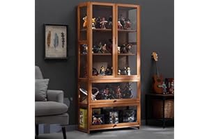 KUYATE Glass Display Cabinet, Antique Style, Natural Bamboo Frame, Double Door, Dustproof, Transparent Acrylic Sides, Brown, 80x32x170cm/L31.5xW12.6xH66.9in