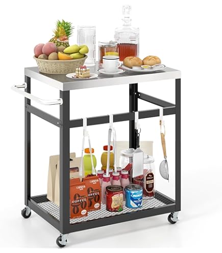 COSTWAY HDPE Grill Trolley Grill Table with Spice Tablet, Wine Bottle Rack, Handle & 2 Wheels, Stainless Steel Worktop, Outdoor Serving Trolley, Weatherproof Side Table for Garden, Patio
