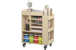 lukar Wooden Art Storage Cart with Wheels, 25.6" Art Supply Storage Organizer Cart, Multi-Functional Rolling Utility Carts for Kid, Arts Activity Carts for Storing A4 Paper, Brushes, Paint