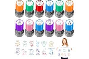 KUNAXKU 12 Stück Stempel Lehrer Selbstfärbender, Selbstfärbende Lehrer Stempel, Lehrer Bewertung Belohnung Motivation Briefmarken, Cute Cartoon Motivationsstempel Wiederverwendbar für Klassenpreis,Korrigieren