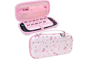 FIWWAT Slim Tragetasche für Nintendo Switch 2 (2025) mit 12 Spiele, wasserdichte tragbare Hartreisetasche Schutz für Switch 2 und Zubehör, niedliches Erdbeerdesign - Rosa