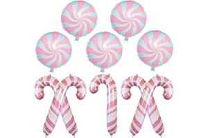 GOVPY Christmas Candy Cane Foil Balloons, Sweet Light Baby Pink Round Mylar Balloons, Pastel Pale Pink Xmas Lollipop Decor for Girls Candies Candyland Birthday Party Decorations