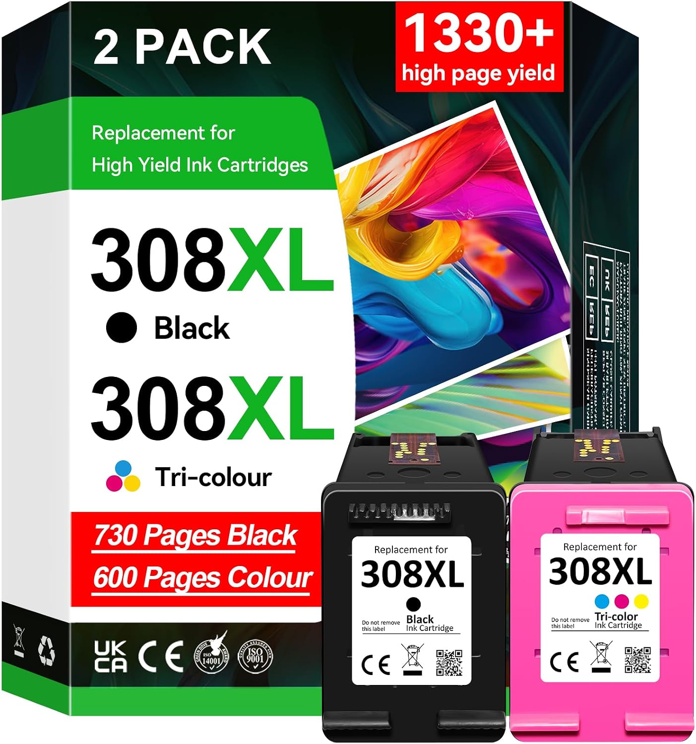 308XL Ink Cartridges High Yield Replacement for HP 308 Ink Cartridges Black and Colour for HP Envy 6120 6120e 6110e 6122e 6132e 6532e 6152e 6520e 6530e 6558e 6130e (2-pack)