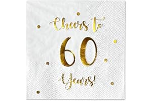 HAPPY PALACE Cheers to 60 Years Cocktail Napkins | Happy 60th Birthday Decorations for Men and Women and Wedding Anniversary Party Decorations | 50-Pack 3-Ply Napkins | 5 x 5 inch folded (White)