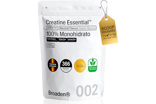 BROADEN® 1,1kg Creatina Monohidrata en Polvo Sin Sabor con 366 Dosis | 100% Monohidrato de Creatina Micronizada | Incluye Dosificador | Sin Añadidos | Sin OMG, Vegano, Sin Gluten.
