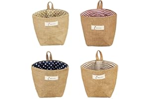 Feelfly 4 PCS Mini Hanging Storage Bags, Cotton Linen Small Storage Basket Wall Hanging Organizer Box Wall Mounted Storage Pocket Collapsible Decor Bin Bag for Room Wall Door Closet (4)