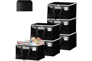 Focenat 93L sac demenagement, Lot de 6 Imperméable Sacs de Déménagement avec Fermeture éclair et Poignée,Grand Sac de Rangement,Sac Rangement Vetement pour le Vêtement,Couettes et Linge de Lit (Noir)