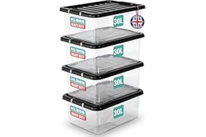 KLASS HOME COLLECTION KLASS 4 x 30 Litre Underbed Storage Boxes with Lids Set of 4, Clear Multipurpose Nestable Stackable Plastic Storage Box With Lid 30L Clear Containers For Home, Kitchen, Garage, Office, Accessories