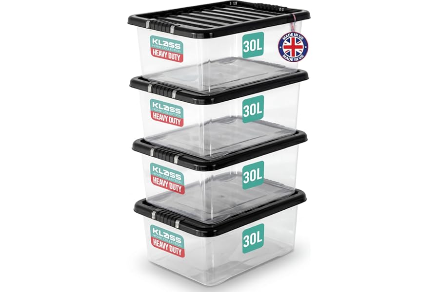 KLASS 4 x 30 Litre Underbed Storage Boxes with Lids Set of 4, Clear Multipurpose Nestable Stackable Plastic Storage Box With Lid 30L Clear Containers For Home, Kitchen, Garage, Office, Accessories