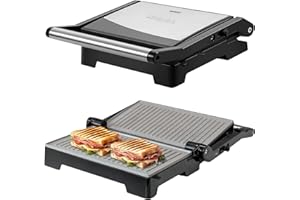 Schallen Panini Grill Press, 2 Slice Sandwich Panini Press & Toastie Maker Machine | Stainless Steel Kitchen Appliance with Non Stick Hot Plates, Cool Touch Handle, 1000W, Black & Silver