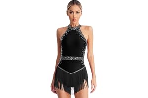 YiZYiF Women's Glittery Rhinestones Latin Jazz Dance Dress Fringe Leotard Backless Rumba Salsa Cha-cha Ballroom Costume