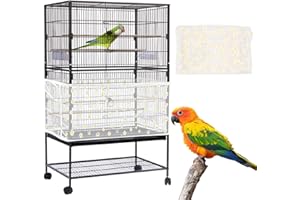 Yepper Large Bird Cage Cover, Bird Cage Seed Catcher, Adjustable Soft Nylon Mesh Net with Daisy Pattern, Birdcage Cover Skirt Seed Guard for Parrot Parakeet Macaw Round Square Cages (White)