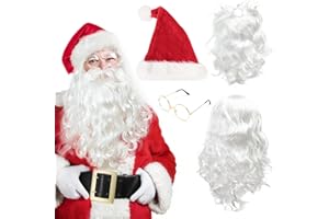 LUBOXIN 4 Pcs Christmas Santa Costume Set, Christmas Santa Hat White Beard Wig and Gold Glasses, Santa Claus Dressing Props for Adults Xmas Cosplay New Year Party Novelty Costume